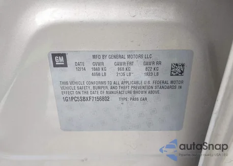 2015 Chevrolet Cruze 1Lt Auto z USA, uszkodzony, nr VIN 1G1PC5SBXF7156802